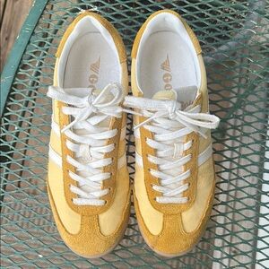 Yellow Suede & Leather Lace-Up Sneakers with White Accents. Worn once.